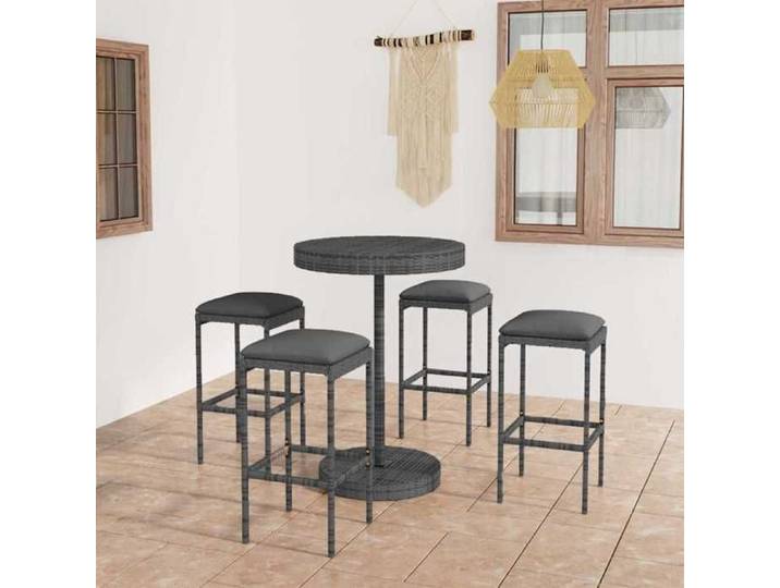 Siège de jardin - VIDAXL - TOP Ensemble de bar de jardin - 5 pcs et coussins - Résine tressée - Gris &&52613
