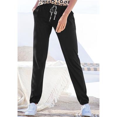 Pyjamahose LASCANA, Damen, Gr. 32/34, N-Gr, schwarz, Single Jersey, Obermaterial: 50% Baumwolle, 50% Viskose, unifarben, bequem lang, Hosen Pyjamahose, Uni oder mit tollem Animal-Print