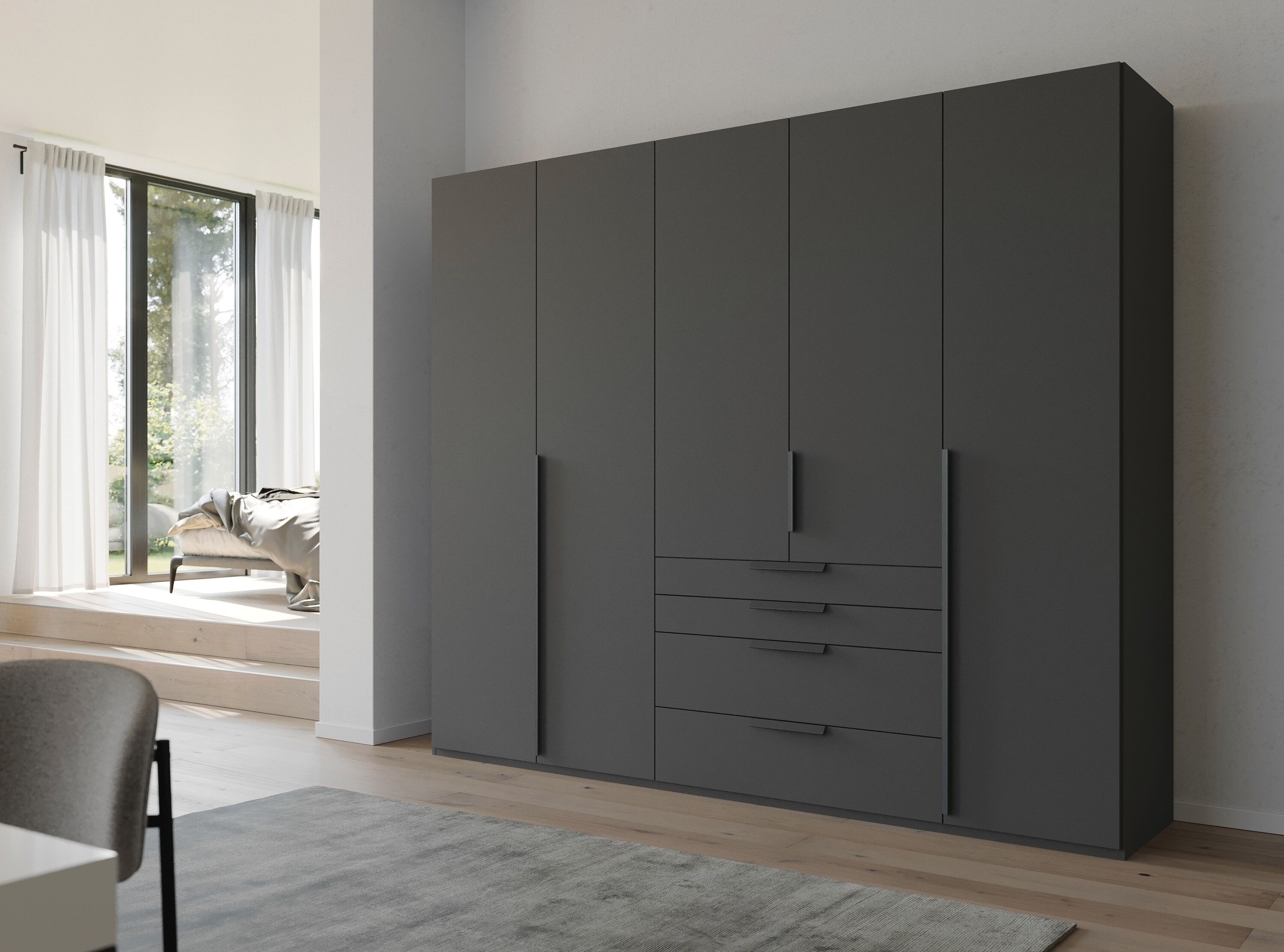 Drehtürenschrank RAUCH "Kleiderschrank Schrank Garderobe Wäscheschrank PURISMA", grau (graphit), B:251cm H:223cm T:60cm, Holzwerkstoff, Schränke, Drehtürenschrank, mit Schubladen und umfangreichem Zubehör MADE IN GERMANY graphit Graphit, B/H/T: 251cm x 22