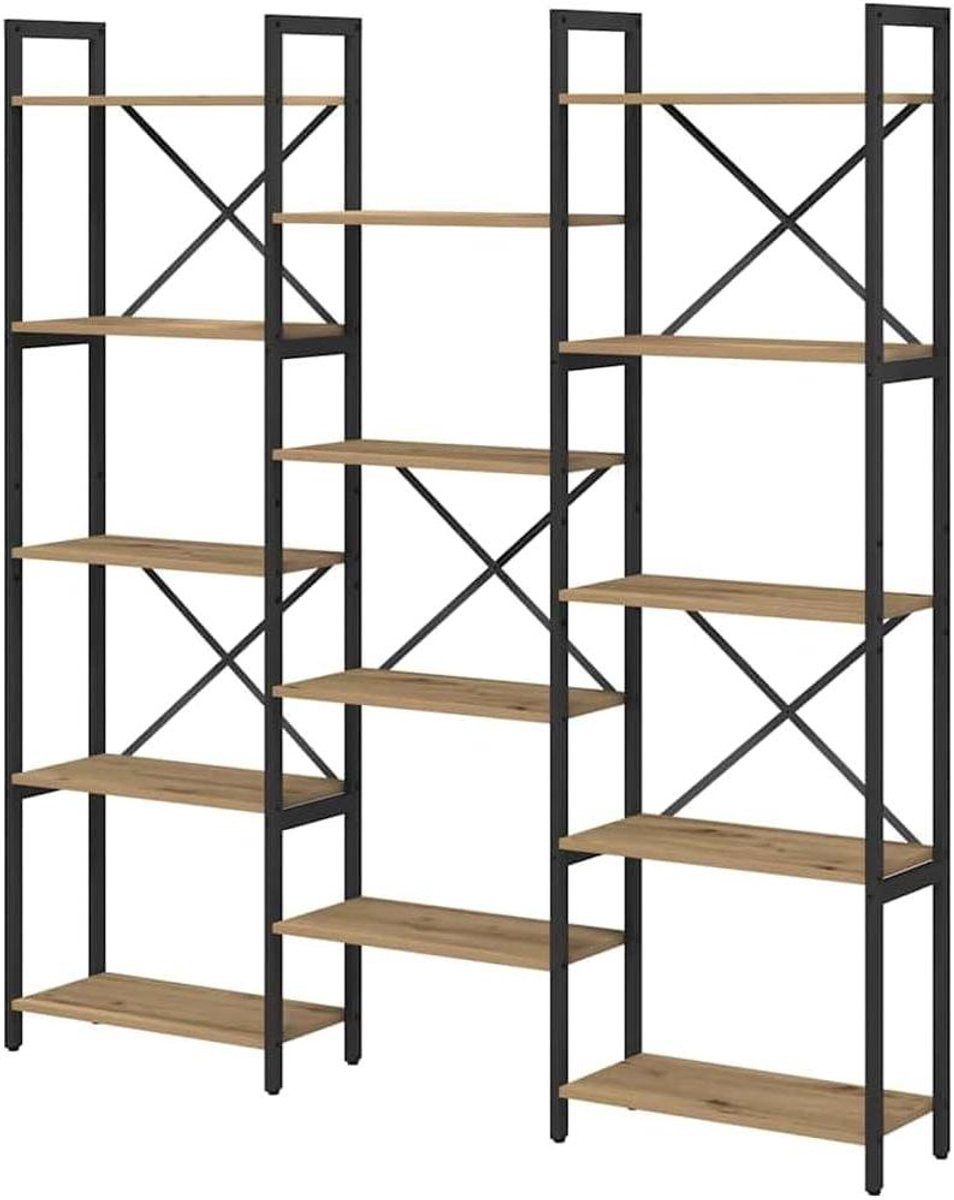 Moderne Boekenkast met Industrieel Stalen Frame en Verstelbare Planken in Artisan Eiken, Hoogte: 167 cm, Breedte: 156 cm