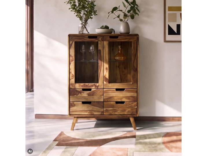 Highboard Sheesham 90x40x110 natur sandgestrahlt lackiert MALMÖ 2 #213