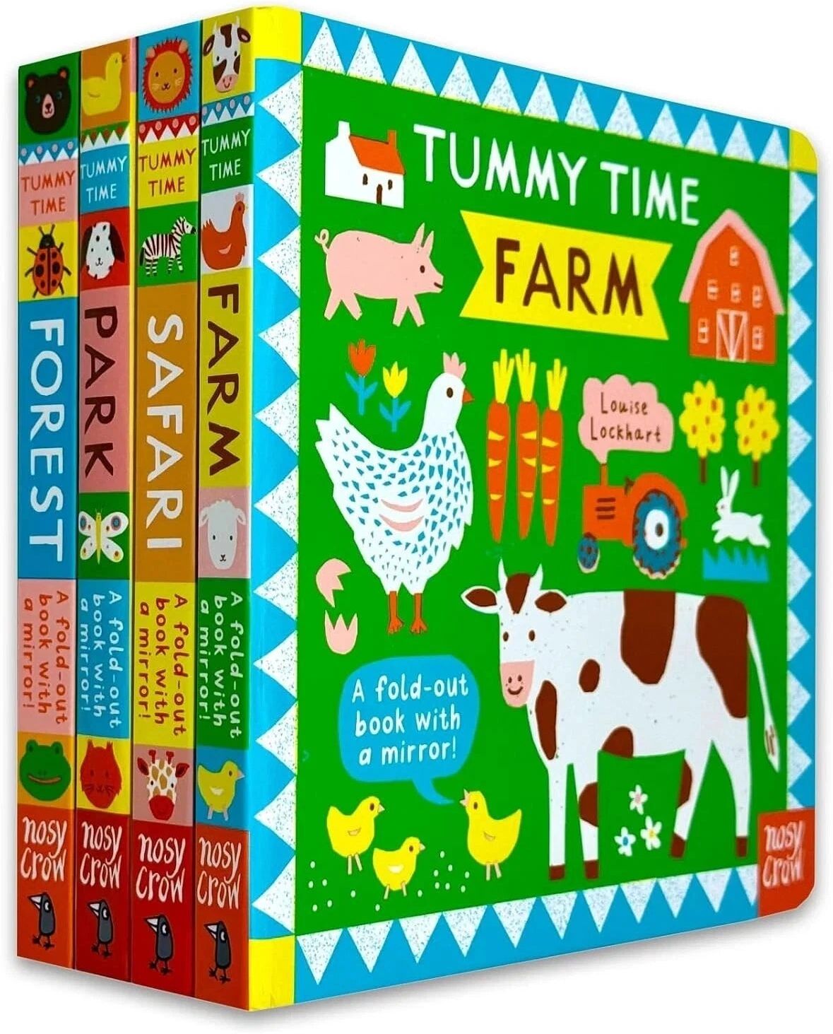 Tummy Time Series by Louise Lockhart - Farm, Park, Forest & Ocean - 4 Fold-Out Board Books with Mirror for Babies - Ages 0-3 - Nosy Crow