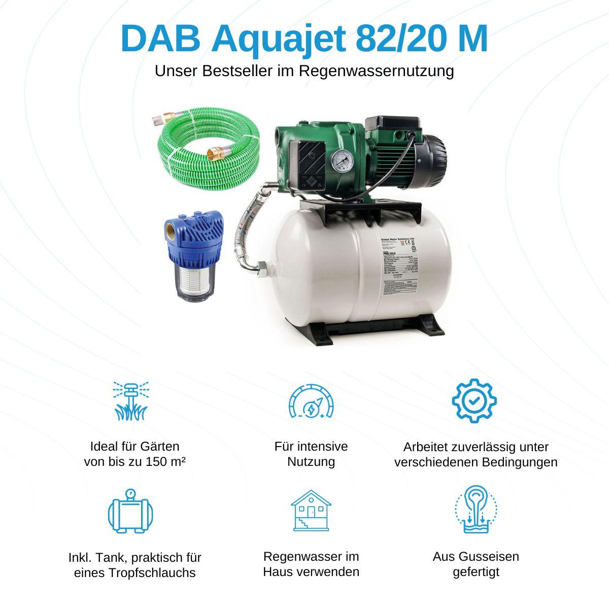DAB Aquajet 82/20 M mit Ansaugschlauch 7 Meter und Vorfilter - Hauswasserwerk - 3.600 L/Std. - 840W - Förderhöhe 47 m - Bewässerungspumpe