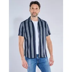 engbers Herren Gestreiftes Overshirt in Strickoptik Blau regular Kent-Kragen - XXL