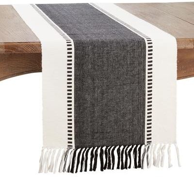 Saro Lifestyle "Striped Cotton Table Runner with Tassel Fringe – Woven Neutral Table Décor for Modern, Farmhouse, Boho & Coastal Homes - 16""x72"""