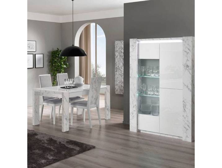 PRAVA - Ensemble Séjour Blanc et Effet Marbre Table 190cm + Vitrine avec Leds