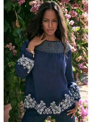 Plus Size Women's Embroidered Smocked Blouse by Roaman's in Navy Paisley Embroidery (Size 26 W)