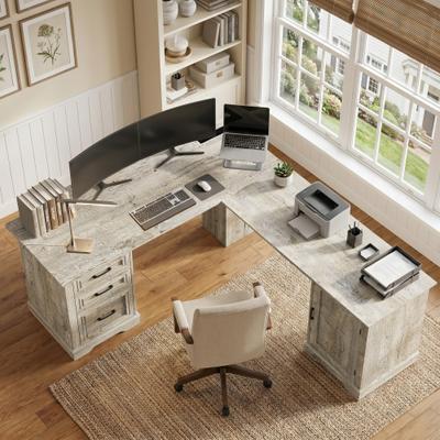 "Hansabenne 59"" x 71"" L-Shaped Computer/Executive Desk with File Drawer, Storage Cabinet & Power Outlet"