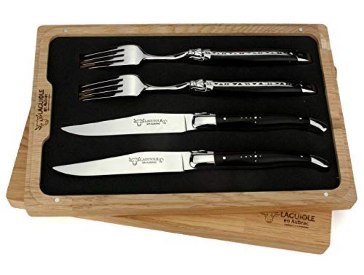 Laguiole en Aubrac - 2 Steakmesser und 2 Gabeln im Set - Griff Ebenholz - Original Frankreich mit Zertifikat