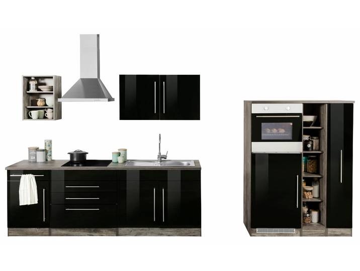 Küchenzeile, Spanplatte & MDF, Schwarz Hochglanz & Eiche Vintage, 350×200×60 cm, Mit E-Geräten, Vintage, Kochstation