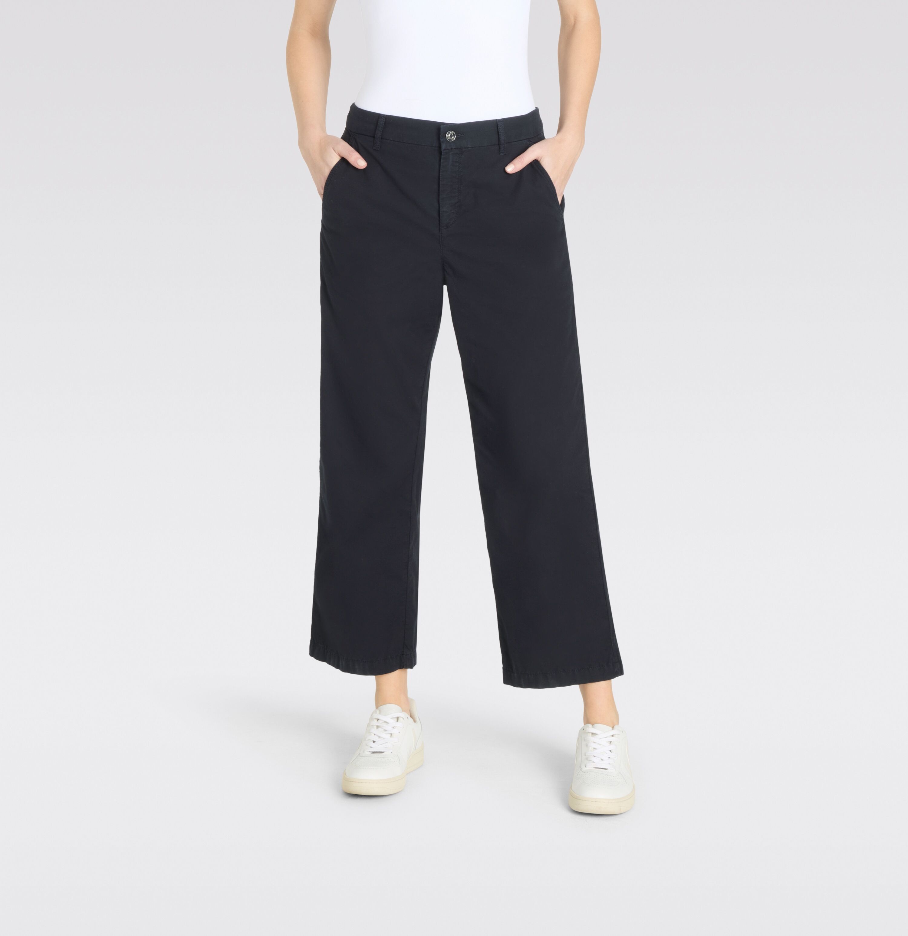 Schlaghose MAC "CARI", Damen, Gr. 38, N-Gr, blau (dunkelblau ppt), Web, Obermaterial: 97% Baumwolle, 3% Elasthan, lang, Hosen Schlaghose dunkelblau ppt 38, N-Gr