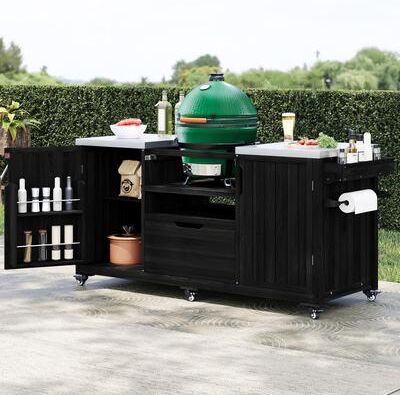 Kodotan sofa "66.5""Outdoor Kitchen Island for Big Green Egg Grills,Solid Wood Grill Cart for Tabletop Grill with Stainless Steel Top, Drawer"