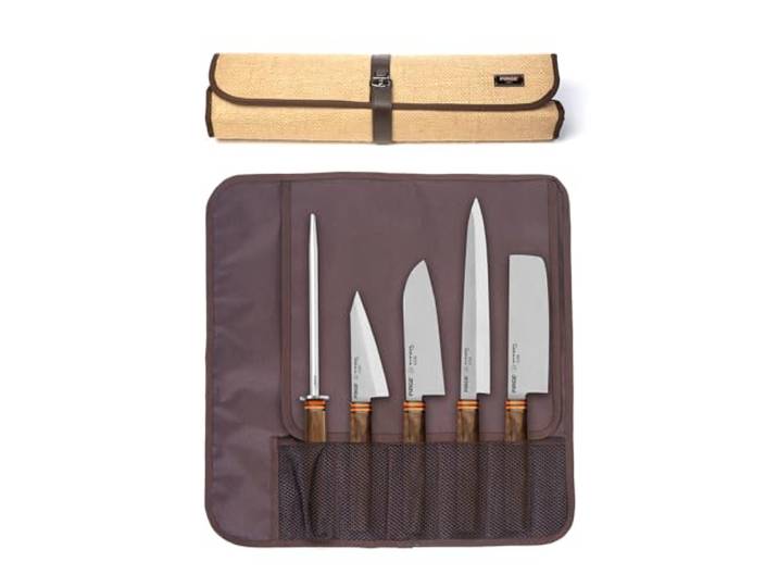 Pirge Titan East Japanisches Messerset mit Tasche, 6-teilig – Santoku-, Nakiri-, Yanagiba- und Honesuki-Messer, Griff aus Walnussholz, Edelstahl DIN 1.4116 mit Wetzstahl und Messerschärfer