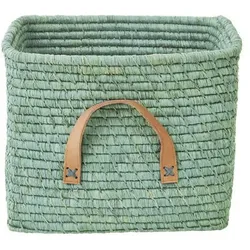 RICE Raffia Aufbewahrungskorb mit Lederschlaufen 30x30x25 cm, L30 x B30 x H25cm, mint