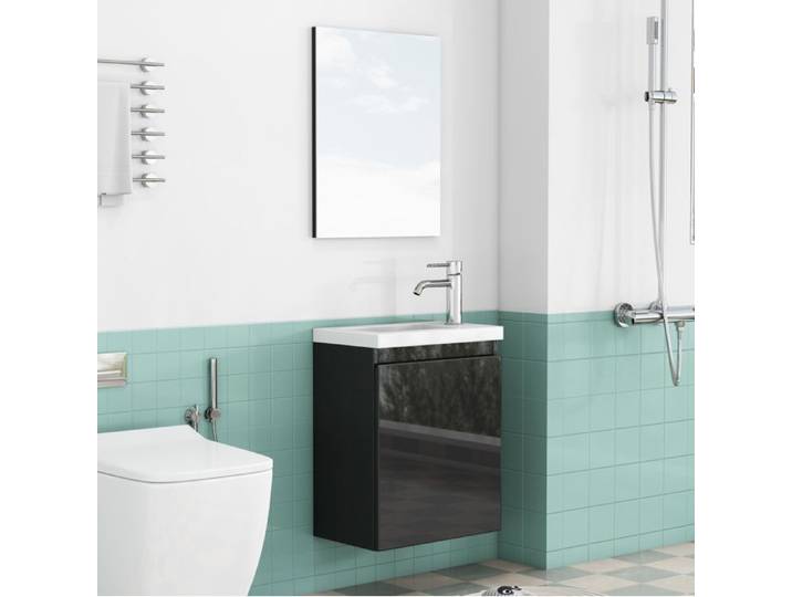 Modenuit Meuble sous vasque suspendu 40 cm noir brillant sans poignée vasque céramique et miroir