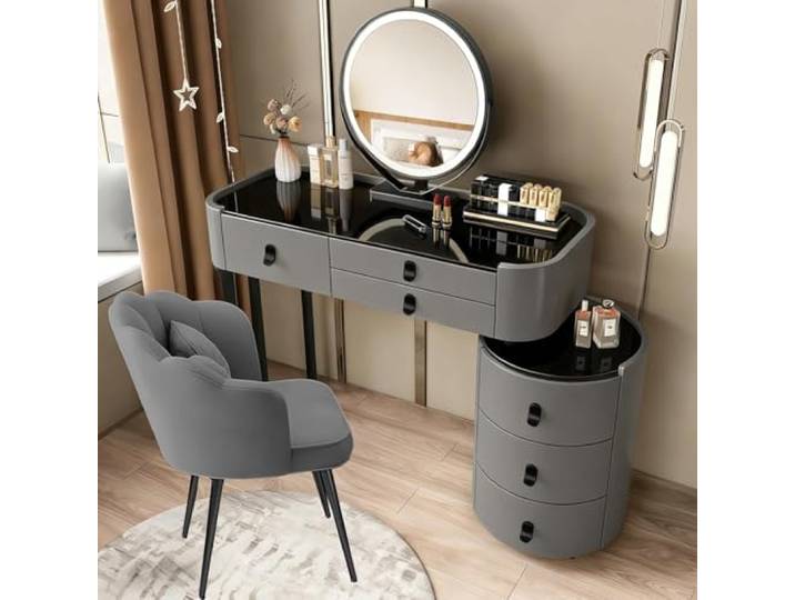MJKCBD Luxuriöser Grau Schminktisch mit Spiegel & Stuhl, 6 Schubladen 100cm Frisiertisch mit Gehärtetes Glas & Leder, 40cm Seitenschrank, Erhöhte Schutzrand, Pre-assembly für Mädchenschlafzimmer