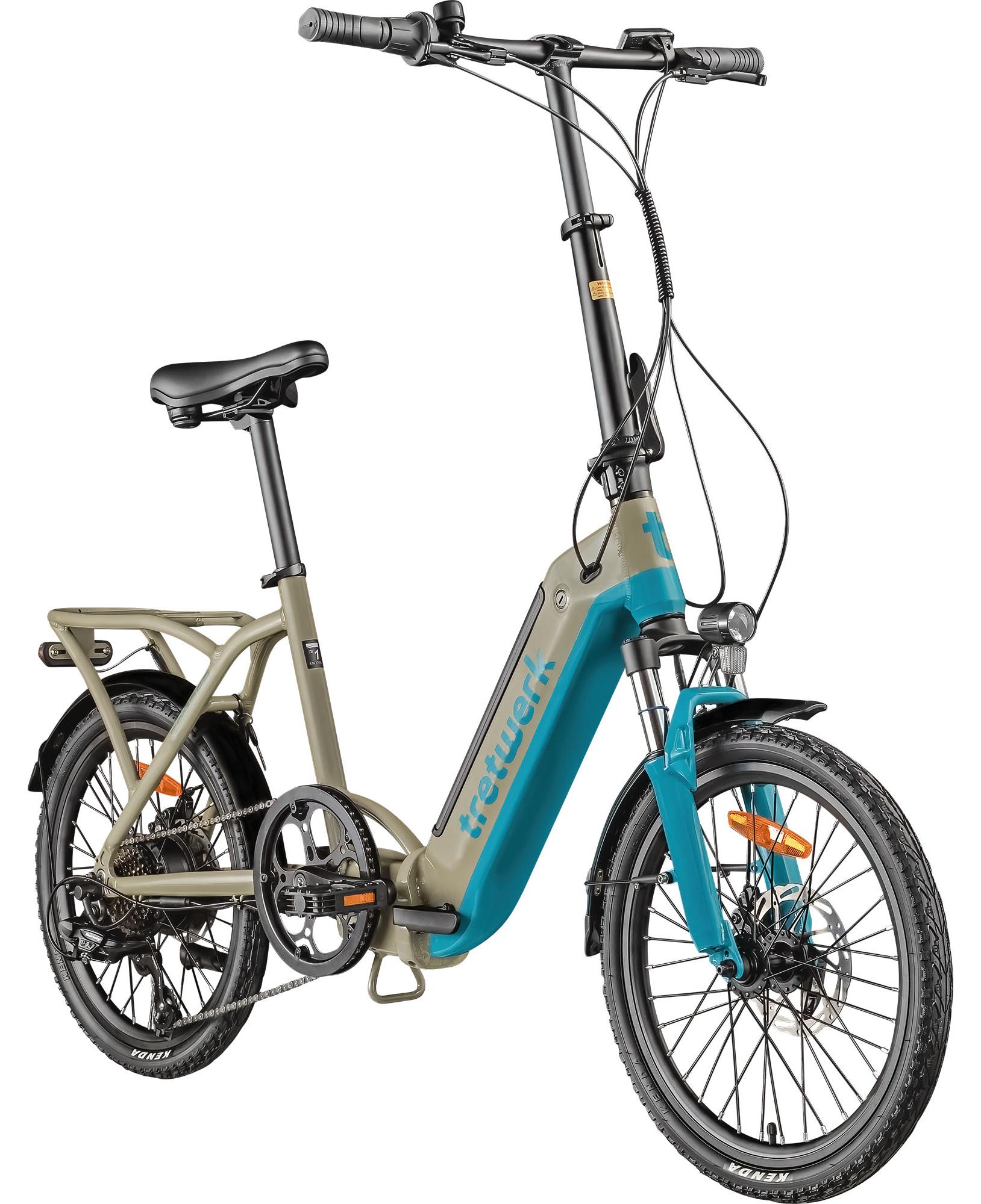 Tretwerk Camper E Bike Klapprad Damen Herren 20 Zoll Elektro Fahrrad 468 Wh Pedelec beige/türkis