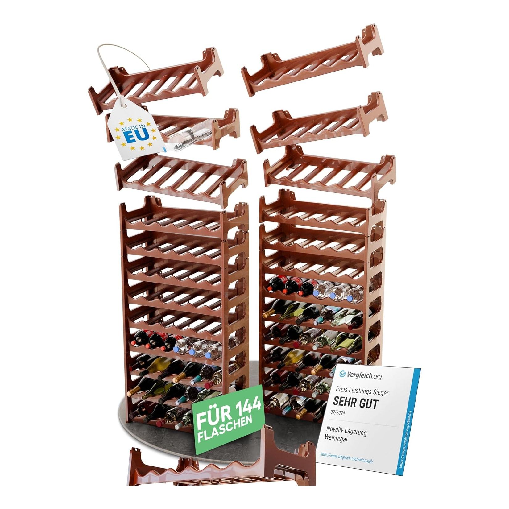 Braunes , Modulares Flaschenregal für 144 Weinflaschen - Stapelbar , Erweiterbar , Robust - Ideal für Weinlagerung in Keller , Gastronomie & Zuhause , Getränkeschrank , Weinregal stapelbar