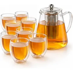Arendo, Teekanne, Teekanne 1,2 l mit Edelstahl-Teesieb + 4 Thermogläser 450 ml ohne Henkel, Borosilikatglas (1.20 l)