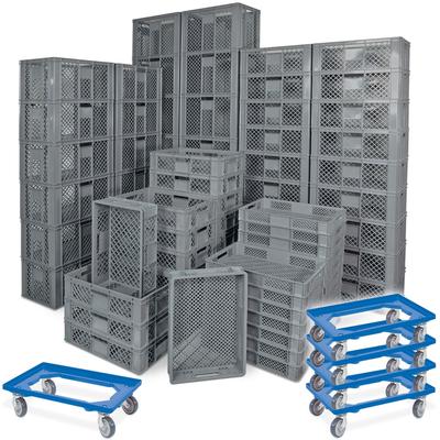 BRB 78 Stück Stapelkörbe/Bäckerkästen in 5 Größen, Grundmaß LxB 600 x 400 mm, H 90 mm, 150 mm, 240 mm, 320 mm, 410 mm, Farbe grau, blau
