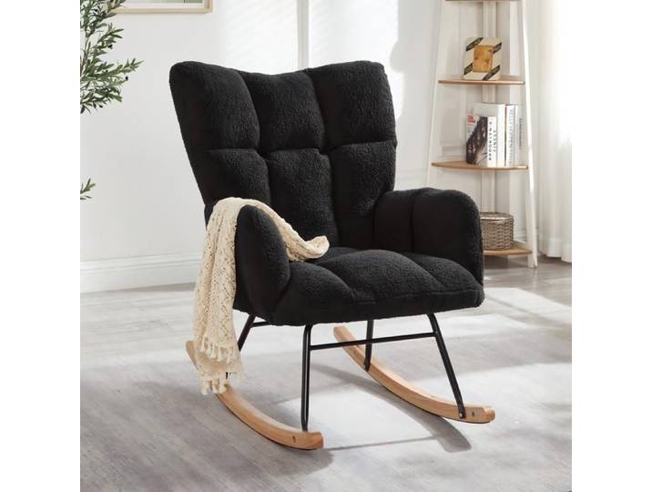 Fauteuil À Bascule Noir en Tissu Doux avec Pieds en Métal - Fauteuil à oreille Compact et Sécurité Anti-Basculement