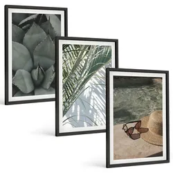 BILDER SET 3er Set - 40x60 cm Schwarzer Rahmen - Tropische Pflanzen für den Urlaub