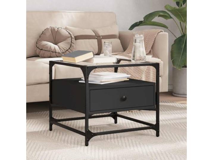KFPOERTFGD Couchtisch Glasplatte Schwarz 50x50x45 cm Stahl Wohnzimmertisch Moderne Glasoberfläche, Robuste Edelstahlkonstruktion, Kompaktes Design