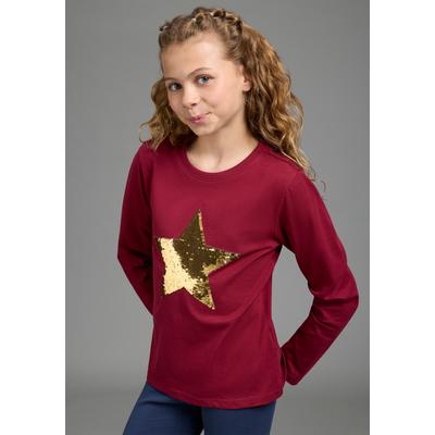 Langarmshirt KIDSWORLD "mit STERN Applikation", Mädchen, Gr. 128/134, rot (bordeaux), Single Jersey, Obermaterial: 100% Baumwolle, tailliert hüftlang, Rundhals, abgesteppte Kante, Shirts Langarmshirt, Langarm, taillierter Schnitt, mit glitzernden...