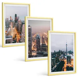 BILDER SET 3er Set - 40x60 cm Goldrahmen - Städte bei Nacht, Wolkenkratzer, Lichter