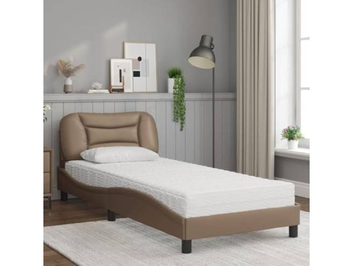 KTHLBRH Einzelbett mit Matratze Hvar Cappuccino 90 x 190 cm Fleckenabweisendes Kunstleder, Latten aus Sperrholz, Kopfteil inklusive, Härte H2 und H3