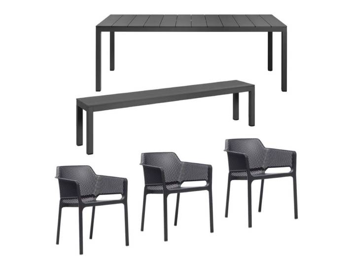 NARDI Net/Rio Gartenmöbel-Set mit Stapelstuhl, Gartentisch und -bank, 5-teilig - mit Stapelstuhl Kunststoff anthrazit Trendig &amp; bunt stapelbar, Tischbein mit Höhenausgleich