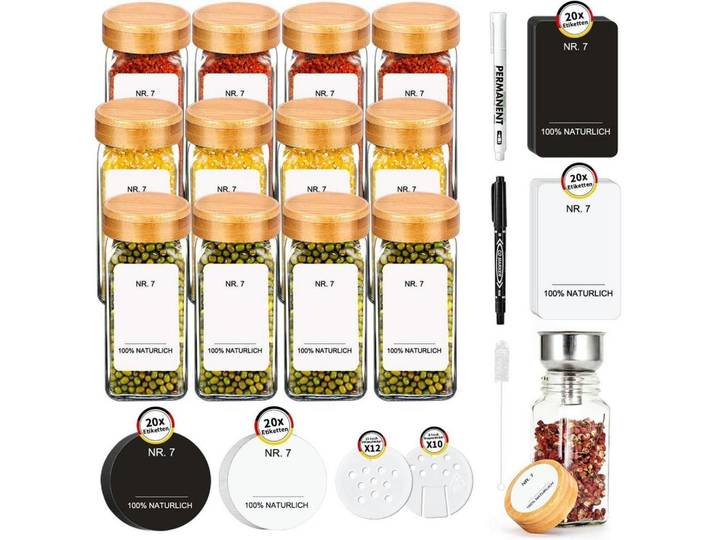 Gewürzgläser 12-teiliges Set mit Bambusdeckel 120ml, Mehrfarbig, Glas, 4.5x10.5x4.5 cm, Küchenzubehör, Vorratsbehälter, Gewürzgläser