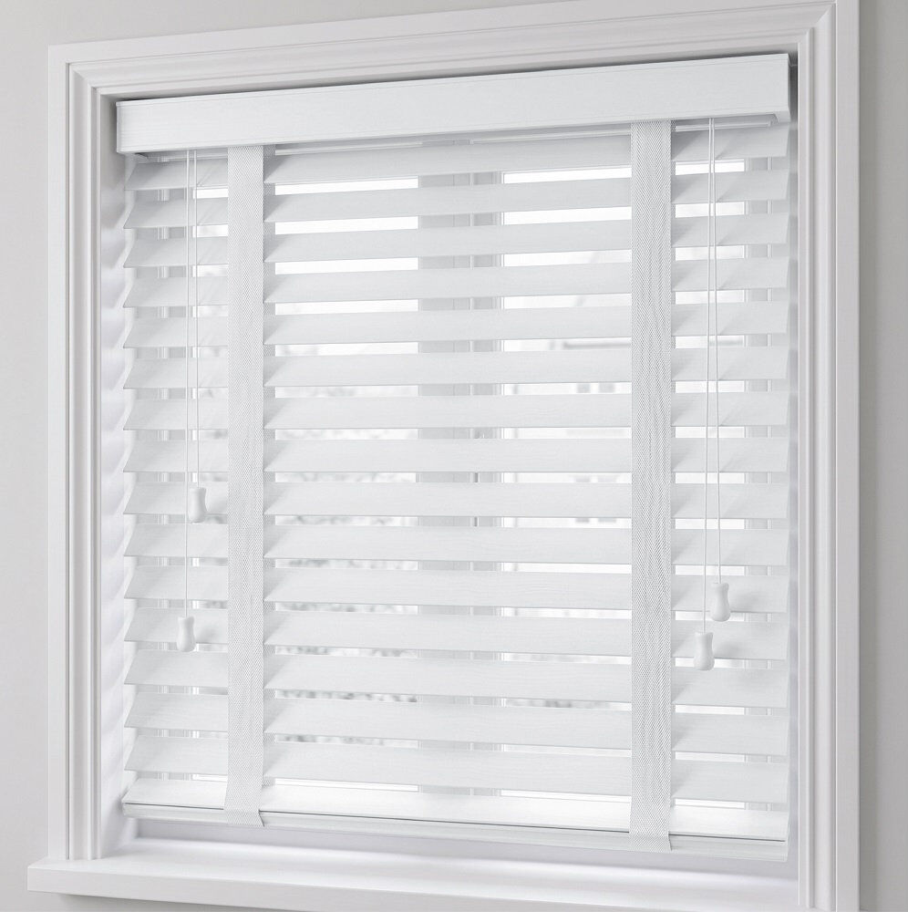 Symple Stuff Faux Wood Venetian Window Blinds, Cordless Tape Design, Light Filtering Privacy Shades White 150 cm L x 150 cm W
