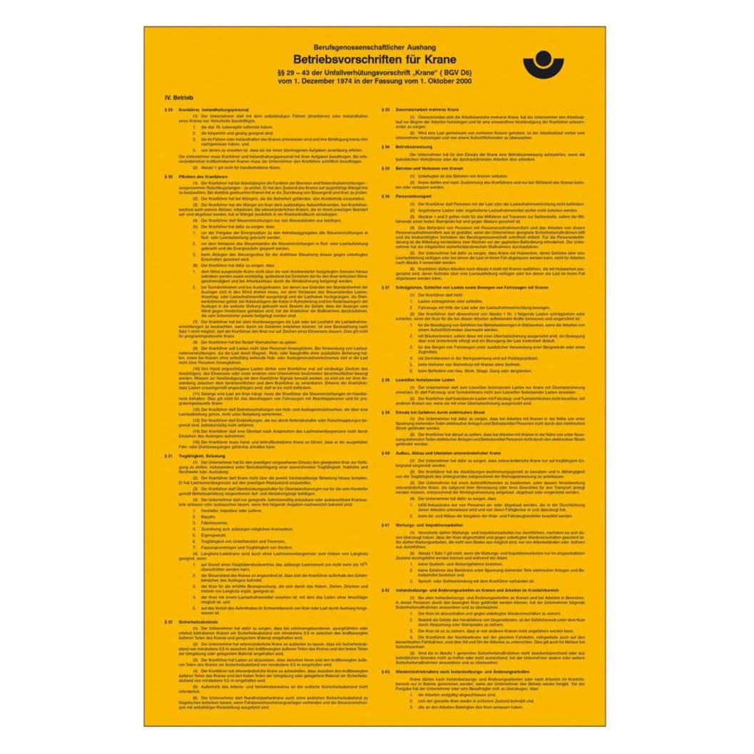 SafetyMarking Aushang Berufsgenossenschaft Betriebsvorschriften für Krane (21.2936)