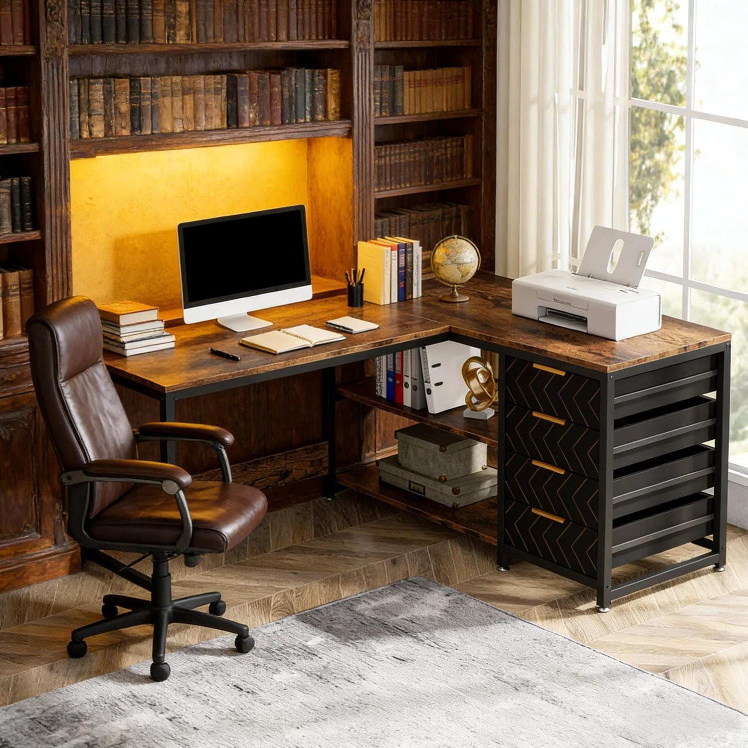 CHICFURN Hoekbureau 150 cm - Omkeerbaar L-vormig - Zwart en rustiek bruin