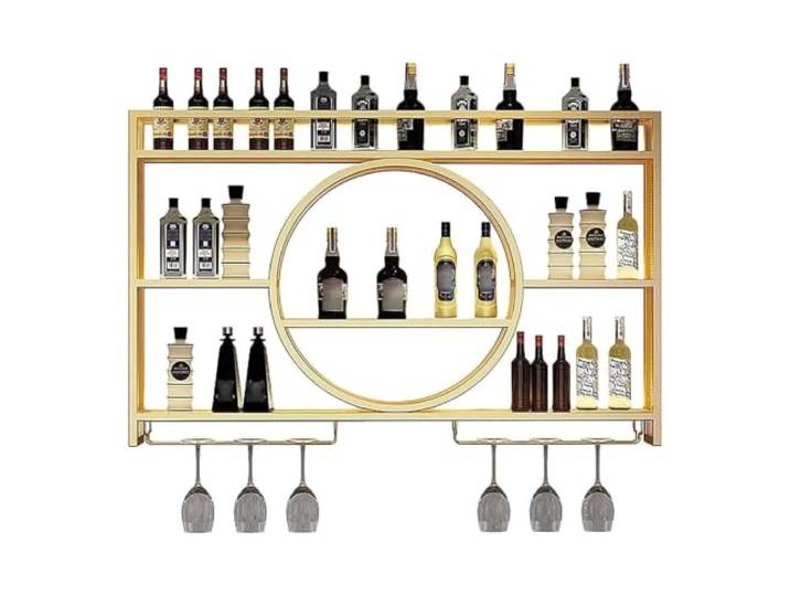 Failjierue 39'' runde Weinregale aus Eisen für Aufhängen für Hausbars Weinglasregal zur Wandmontage, Stielglashalter, Organizer(Gold)