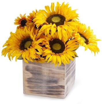 Enova Home Mixed Artificial Silk Sunflowers Fake Flowers Arrangement with Natural Wood Planter for Home Office Decoration