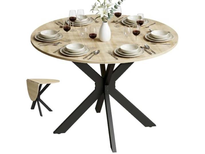HOMCOM Klappbarer Runder Esstisch 2-6 Pers. Ø110x76 cm Naturholz Küchentisch, klappbare Platte, Kreuzstahlbeine, platzsparend, Speisen