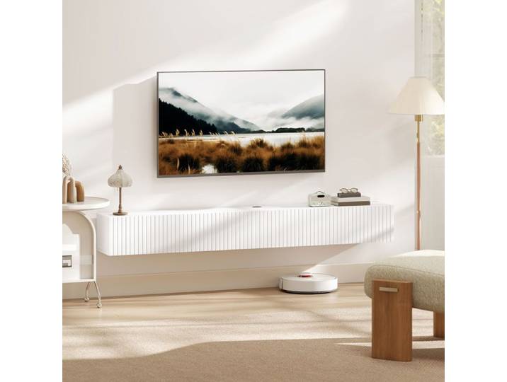 Meuble TV console multimédia 2 portes pour télévision et matériel deco élégant rangement du décodeur 180 x 25 x 22 cm blanc