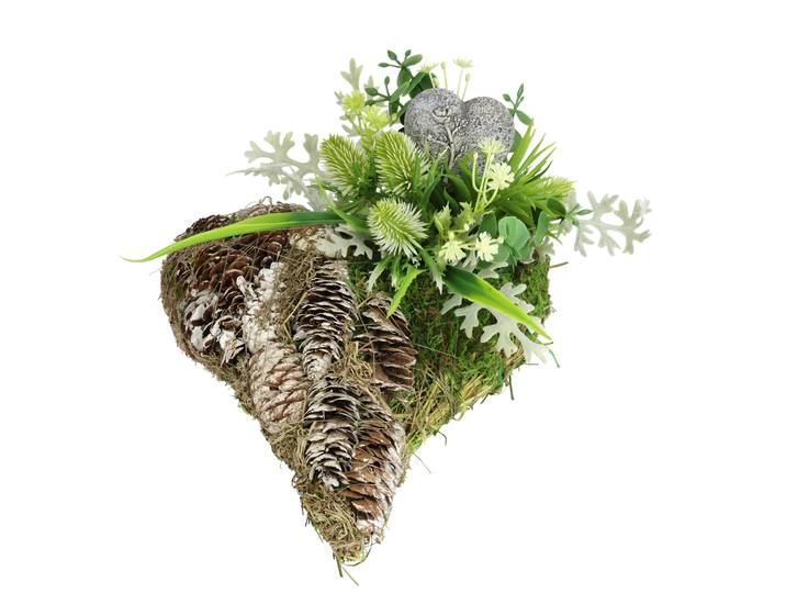 Kunstblume OTTO HOME Kunstblumen-Gesteck mit Gedenk-Herz in Herz-Pflanzschale , grün, B:19cm H:12cm L:23cm, Kunstpflanzen, Kunstblume, Dekoratives Herzgesteck mit Tannenzapfen und Kunstgrün in Naturoptik