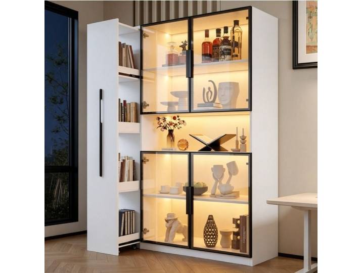 Vitrine MDF Blanc LED Colonne De Rangement FloraGrace Pour Salon Cuisine Bureau Avec Étagères Coulissantes 110x35x160cm