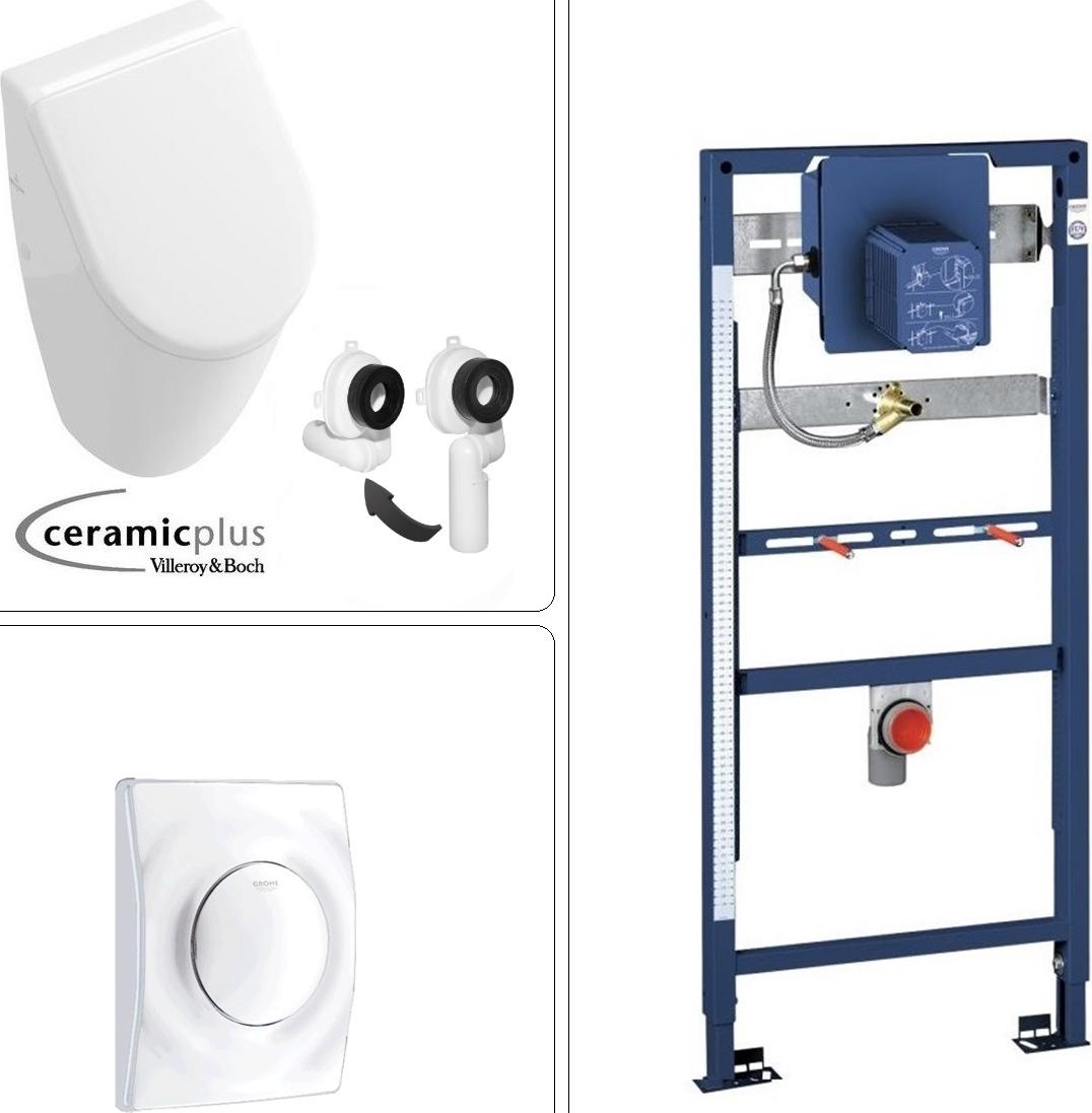 VILLEROY & BOCH SUBWAY Urinal mit CeramicPlus Beschichtung + SoftClose Deckel & GROHE Vorwandgestell + Betätigungsplatte, in weiß