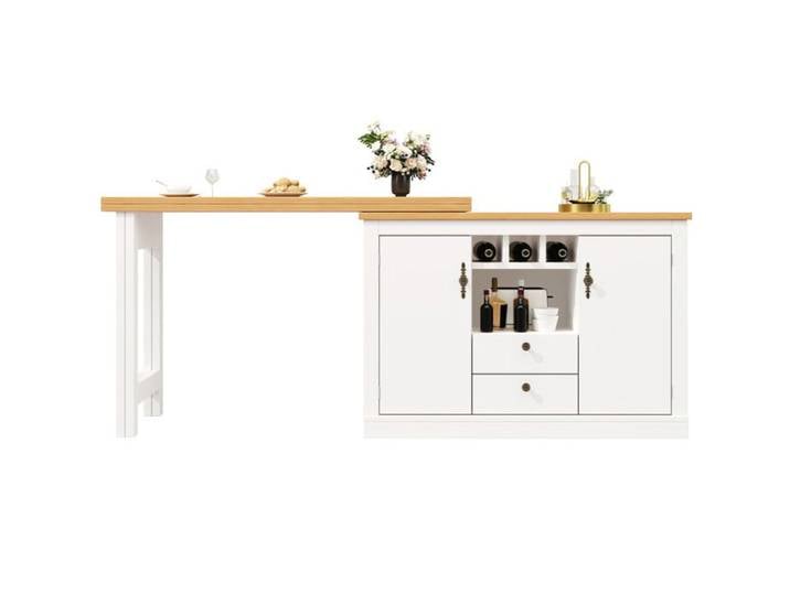 Buffet bar extensible rotatif 360° – MDF – 120 à 180 cm – Blanc et naturel