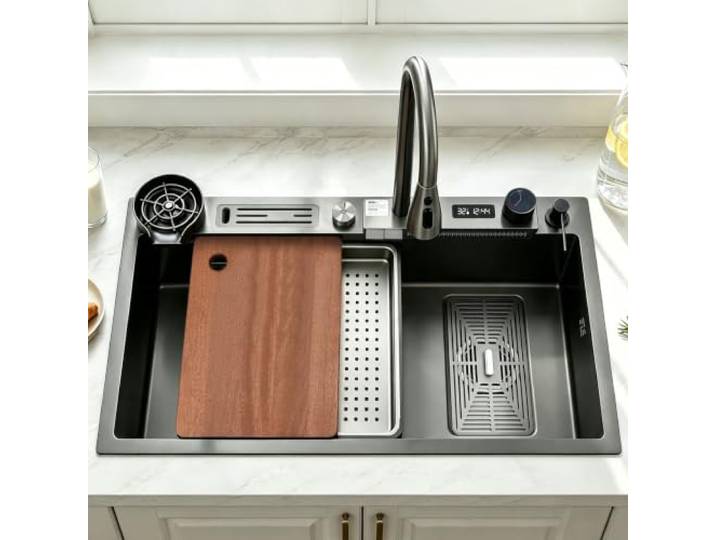 DSMRLEOP 75x46cm Große Einzelne Schüssel Küchenspüle 304 Edelstahl-Set Wasserfall Schwarz Bauernhaus Spüle, Einzelne Schüssel Workstation Spüle mit Digitalanzeige Ausziehhahn, 13-teiliges Set
