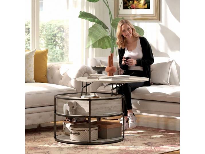 Table basse ronde relevable hauteur réglable de 47 à 61 5 cm finition chêne Norevia