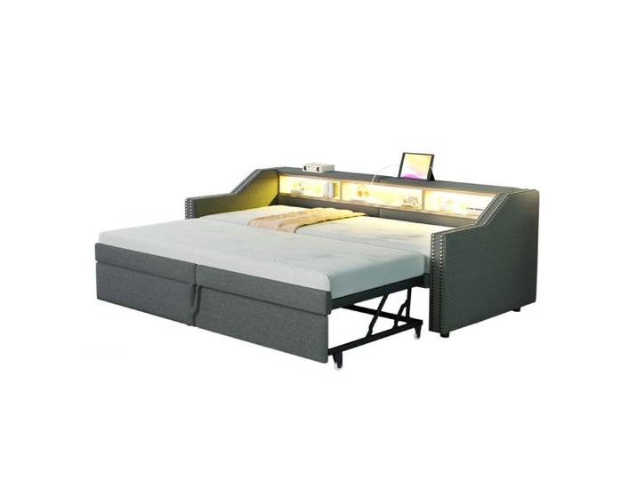 Canapé-lit gigogne 90/180x200 avec coffre LED et prise USB lit multifonction gris foncé