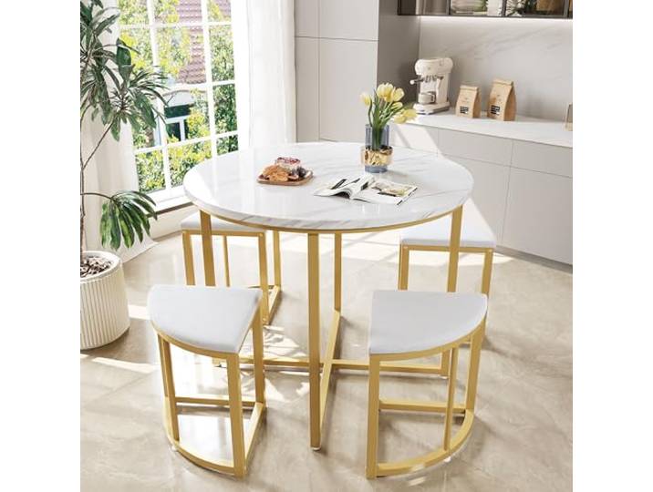 KUAKE Esszimmertisch-Set mit Vier Stühlen,Essgruppe mit MDF-Tischplatte und vergoldeten Eisenrahmen,Samtstuhl,Moderne Luxustische und-stühle (Weiß)