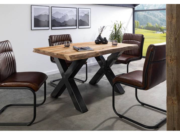 Baumtisch Sheesham 160x90x77 natur sandgestrahlt / X-Beine anthrazit glänzend FREEFORM 5