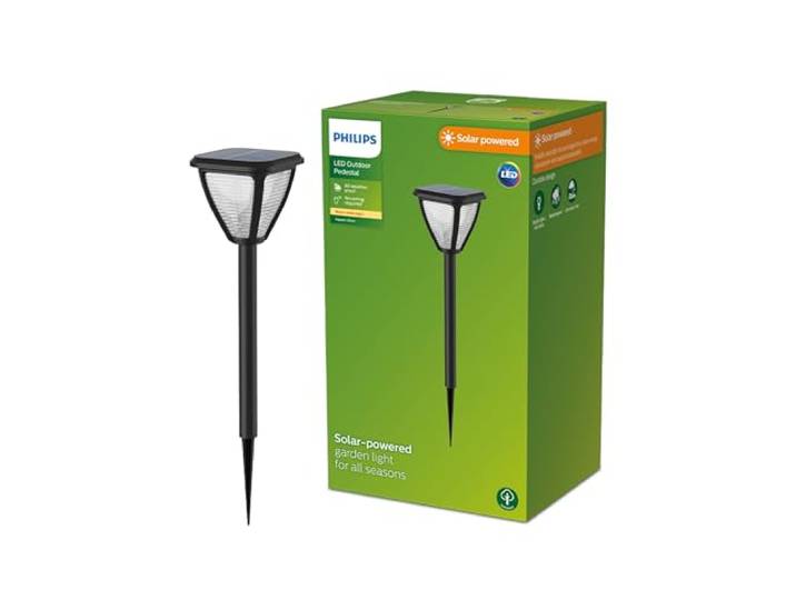 PHILIPS Outdoor Solar Vapora Sockelleuchte Spiess 1,5W, Tageslichtsensor, 2700 Kelvin, IP44 wetterfest, schwarz