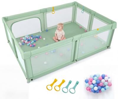 Costway Portable Baby Playpen with 50 Ocean Balls Breathable Mesh and Safe Zippered Doors-Green